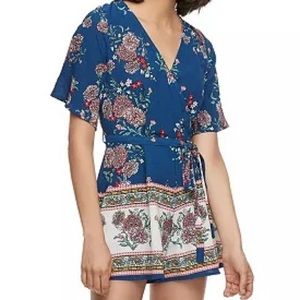 Three Pink Hearts Floral Blue Romper XS